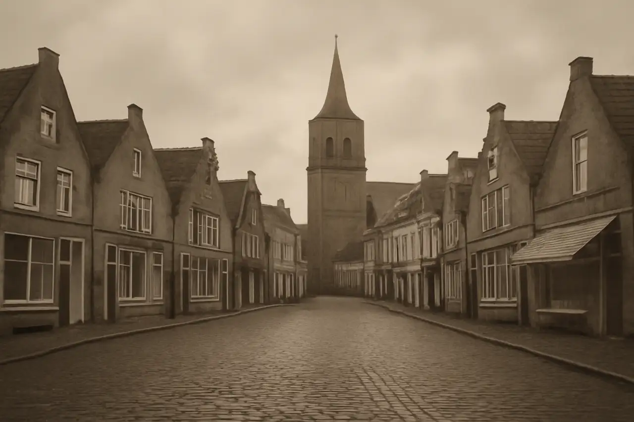Marktplein met bakstenen gevels en kerktoren in een Nederlandse vestingstad